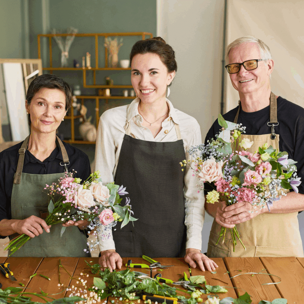 three smiling florists in shop